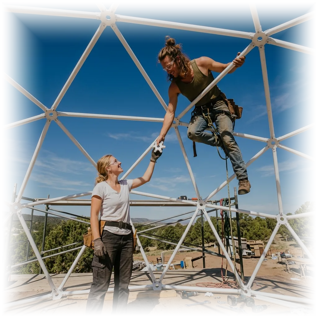 Couple assembling a white geodesic dome frame under a blue sky