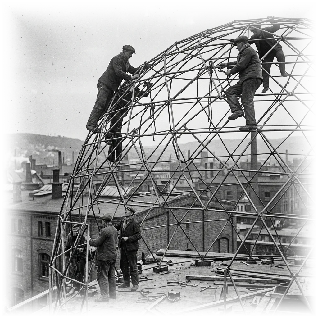 Workers building the first geodesic dome — Zeiss planetarium framework, Jena 1922
